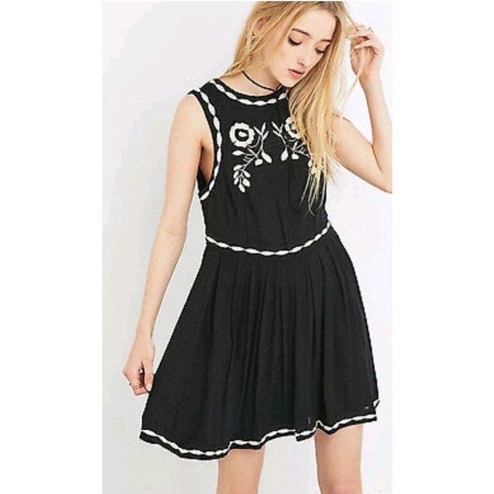 Free People Black Dress with White Embroidery